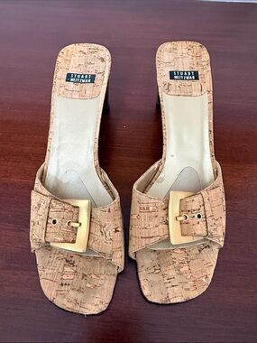 Stuart Weitzman Cork Buckle Slide Sandals - Natural